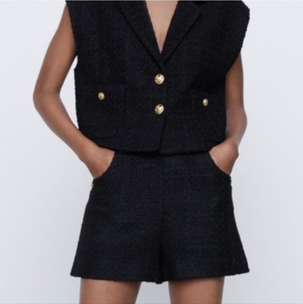 Zara Black Textured Vest and Shorts Set